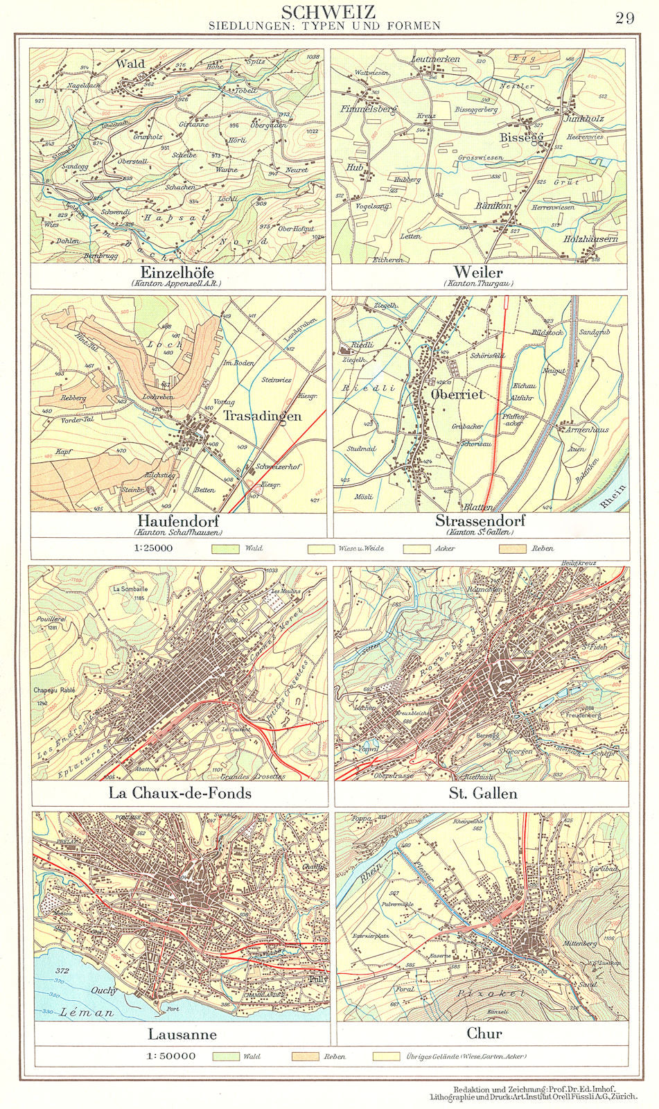 SWITZERLAND.Schweiz.Einzelhofe,Haufendorf,Strassendorf;Lausanne;Chur 1958 map